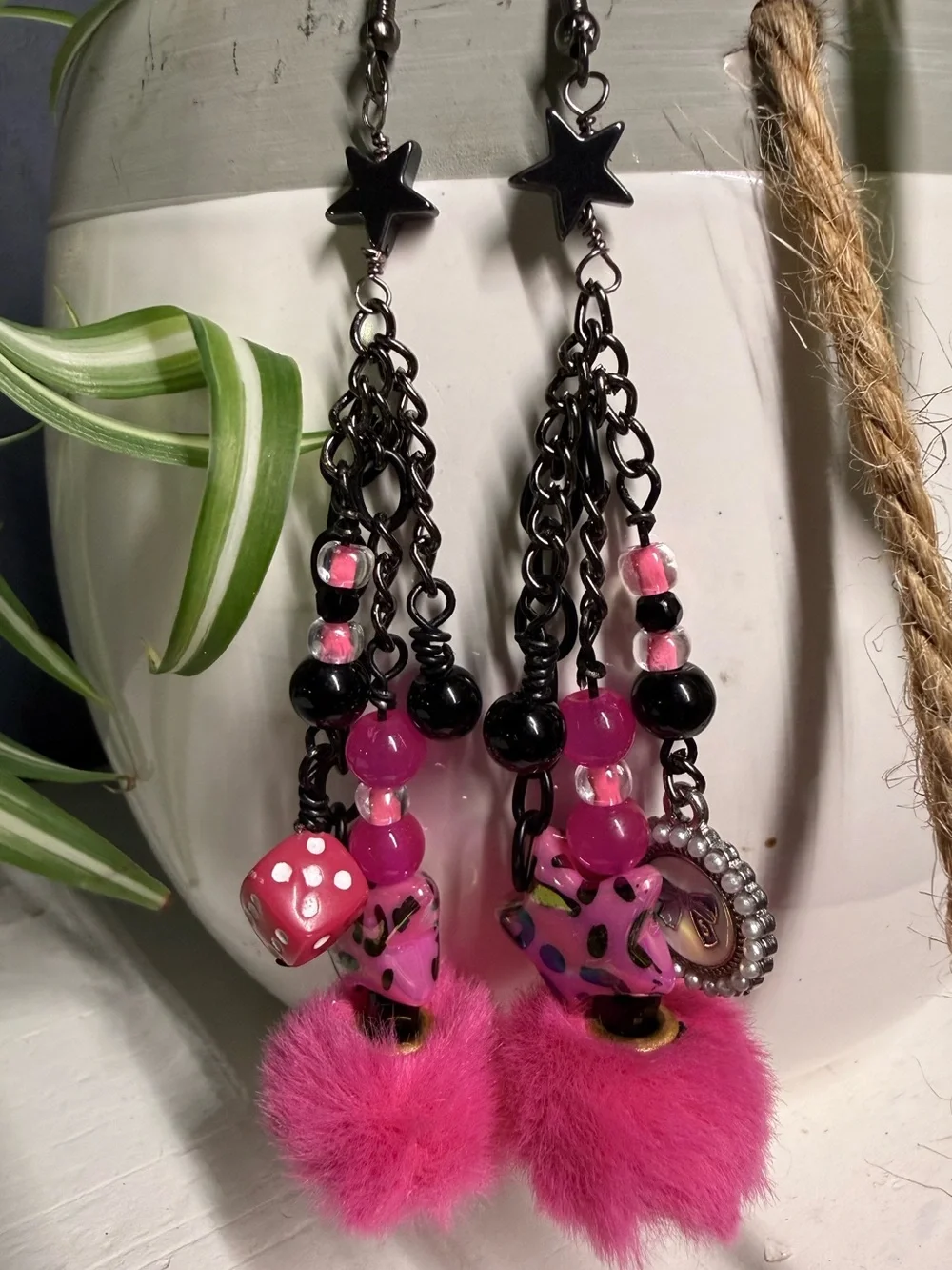 Handmade Y2K Hot Pink Fuzzy Pom Pom Dangle Earrings | Whimsigoth Emo Alt Goth